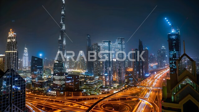 التقدم والتوسع العمراني في الإمارات العربية المتحدة، حركة المرور في الشوارع والطرقات في وقت المساء، الفن الهندسي المعماري للمباني والمنشآت السكنية، صورة جوية للأبراج وناطحات السحاب المضاءة ليلا، معالم دبي السياحية