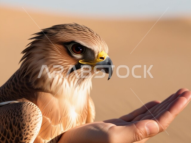 الاعتزاز بالتراث السعودي العريق في تربية الطيور الجارحة والمفترسة, صورة مقربة ليد رجل عربي سعودي خليجي يمسك صقر في إحدى المحميات الطبيعية الصحراوية، حدة البصر ورمز القوة والتحدي