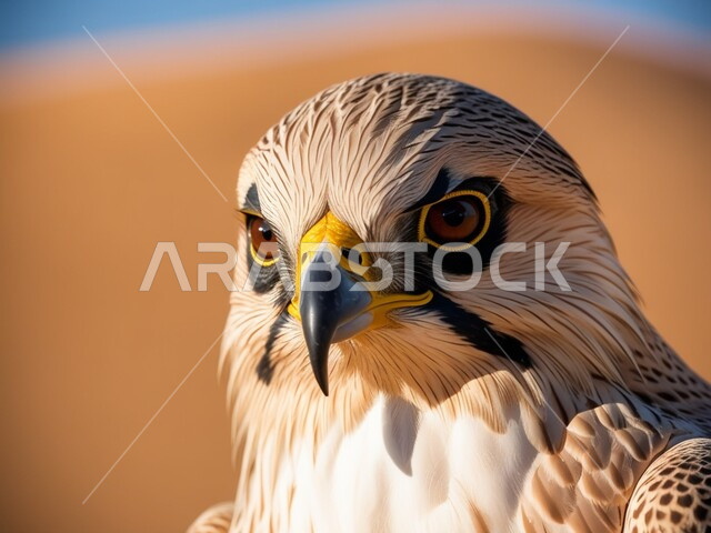 الفخر والاعتزاز بالتراث السعودي العريق في تربية الطيور الجارحة والمفترسة, حدة البصر ورمز القوة والتحدي، صورة مقربة لطائر الصقر يقف في إحدى المحميات الطبيعية الصحراوية