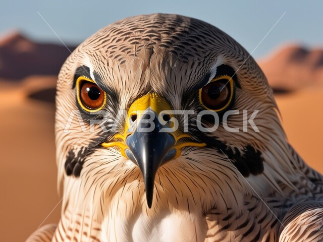 الفخر والاعتزاز بالتراث السعودي العريق في تربية الطيور الجارحة والمفترسة, حدة البصر ورمز القوة والتحدي، صورة مقربة لطائر الصقر يقف في إحدى المحميات الطبيعية الصحراوية