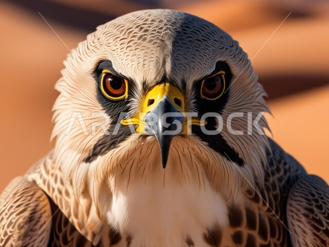 Sharp eyesight and a symbol of strength and challenge, pride and honor in the ancient Saudi heritage of raising birds of prey and predators, a close-up photo of a falcon standing in one of the desert nature reserves