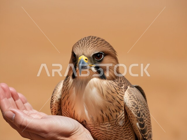 Pride in the ancient Saudi heritage of raising birds of prey and predators, a close-up of the hand of a Saudi Arabian Gulf man holding a falcon in one of the desert nature reserves, sharp eyesight and a symbol of strength and challenge