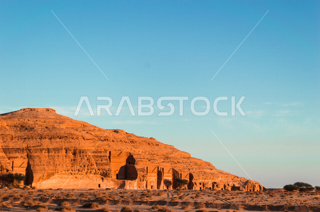 The historical beauty of Madain Saleh in Al-Ula, Saudi Arabia, the natural beauty of the rock formations, the ancient Arab civilization, archaeological tourist attractions in Saudi Arabia
