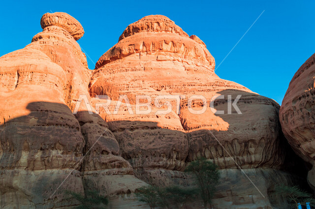 The historical beauty of Madain Saleh in Al-Ula, Saudi Arabia, the natural beauty of the rock formations, the ancient Arab civilization, archaeological tourist attractions in Saudi Arabia