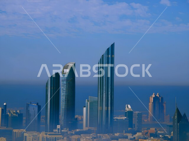 Burj Mohammed Bin Rashid building in Abu Dhabi, modern architecture of towers and skyscrapers, famous tourist attractions, high-rise buildings and commercial facilities, development and urban progress in the United Arab Emirates