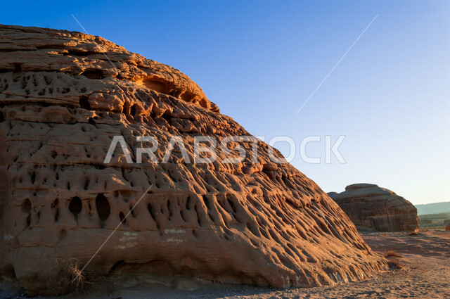 The historical beauty of Madain Saleh in Al-Ula, Saudi Arabia, the natural beauty of the rock formations, the ancient Arab civilization, archaeological tourist attractions in Saudi Arabia