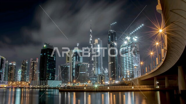 Waterfront view, architectural engineering of towers and skyscrapers overlooking the Arabian Gulf, famous tourist attractions, tourist attractions in the United Arab Emirates