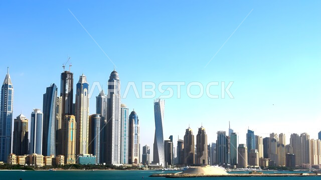 Popular attractions, attractions and attractions in the United Arab Emirates, waterfront view, architecture of the towers and skyscrapers overlooking the Arabian Gulf