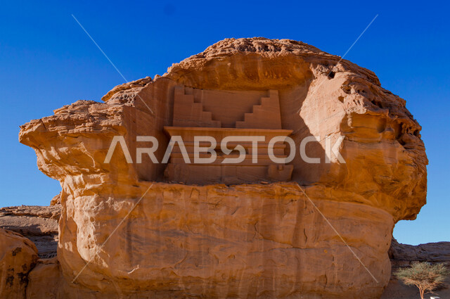 The historical beauty of Madain Saleh in Al-Ula, Saudi Arabia, the natural beauty of the rock formations, the ancient Arab civilization, archaeological tourist attractions in Saudi Arabia