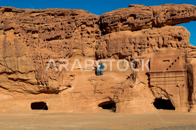 The historical beauty of Madain Saleh in Al-Ula, Saudi Arabia, the natural beauty of the rock formations, the ancient Arab civilization, archaeological tourist attractions in Saudi Arabia