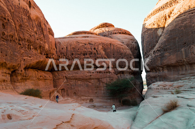 The historical beauty of Madain Saleh in Al-Ula, Saudi Arabia, the natural beauty of the rock formations, the ancient Arab civilization, archaeological tourist attractions in Saudi Arabia