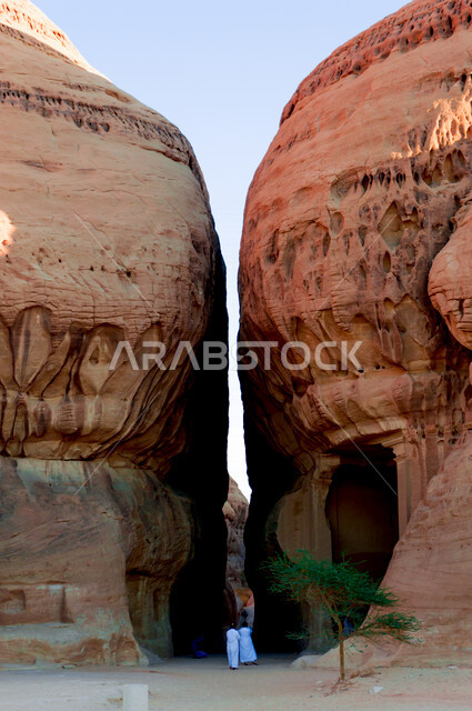 The historical beauty of Madain Saleh in Al-Ula, Saudi Arabia, the natural beauty of the rock formations, the ancient Arab civilization, archaeological tourist attractions in Saudi Arabia