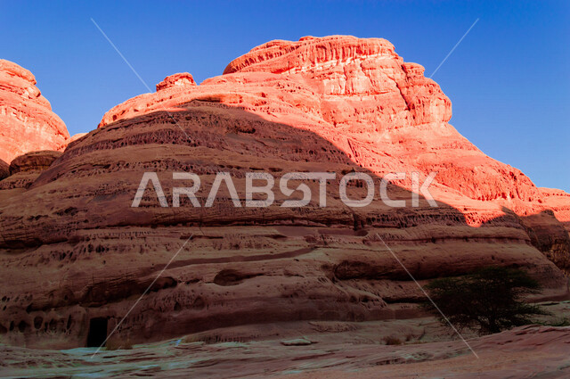 The historical beauty of Madain Saleh in Al-Ula, Saudi Arabia, the natural beauty of the rock formations, the ancient Arab civilization, archaeological tourist attractions in Saudi Arabia