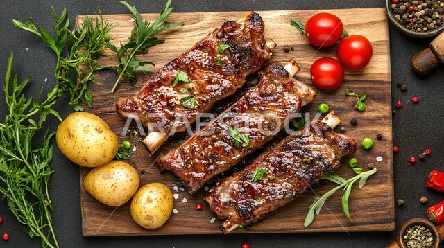 Recipes for grilled meats rich in protein, the art of serving Eastern Arabic cuisine in restaurants in the Kingdom of Saudi Arabia, a plate of grilled ribs with vegetables, delicious barbecue dishes.