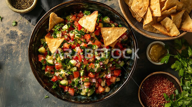 المقبلات والسلطات العربية اللذيذة في المطاعم السعودية, وعاء مليء بقطع الخضراوات والخبز المحمص، أطعمة ومأكولات صحية من المطابخ الشرقية، طبق من الفتوش الشهي