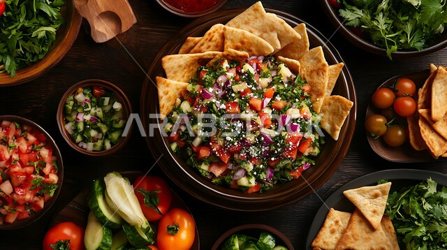 المقبلات والسلطات العربية اللذيذة في المطاعم السعودية, وعاء مليء بقطع الخضراوات والخبز المحمص، أطعمة ومأكولات صحية من المطابخ الشرقية، طبق من الفتوش الشهي