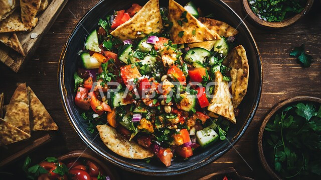 المقبلات والسلطات العربية اللذيذة في المطاعم السعودية, وعاء مليء بقطع الخضراوات والخبز المحمص، أطعمة ومأكولات صحية من المطابخ الشرقية، طبق من الفتوش الشهي