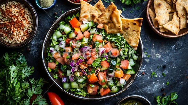 المقبلات والسلطات العربية اللذيذة في المطاعم السعودية, وعاء مليء بقطع الخضراوات والخبز المحمص، أطعمة ومأكولات صحية من المطابخ الشرقية، طبق من الفتوش الشهي