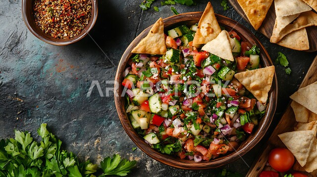 المقبلات والسلطات العربية اللذيذة في المطاعم السعودية, وعاء مليء بقطع الخضراوات والخبز المحمص، أطعمة ومأكولات صحية من المطابخ الشرقية، طبق من الفتوش الشهي