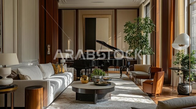 تحف واكسسوارات عصرية مميزة، التصاميم الأنيقة لغرف الجلوس المريحة على الطراز الحديث, الديكورات الداخلية للفلل والشقق السكنية في المملكة العربية السعودية، غرفة معيشة مع آثاث منزلي فاخر 