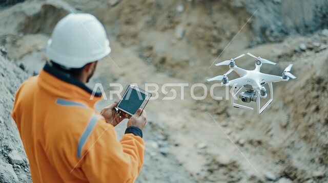 التقدم التقني والتكنولوجي لأدوات التصوير، تقنيات وأجهزة تصوير رقمية حديثة، صورة من الخلف لمهندس عربي خليجي سعودي يرتدي اليونيفورم وخوذة الحماية يقوم بالإشراف على عمل الطائرة بدون طيار عبر التابلت، استخدام طائرات الدرون الصغيرة لمسح المناطق الجغرافية الواسعة