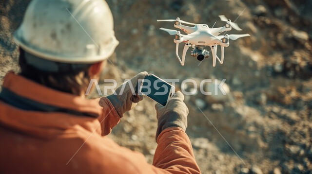 التقدم التقني والتكنولوجي لأدوات التصوير، تقنيات وأجهزة تصوير رقمية حديثة، صورة من الخلف لمهندس عربي خليجي سعودي يرتدي اليونيفورم وخوذة الحماية يقوم بالإشراف على عمل الطائرة بدون طيار عبر التابلت، استخدام طائرات الدرون الصغيرة لمسح المناطق الجغرافية الواسعة