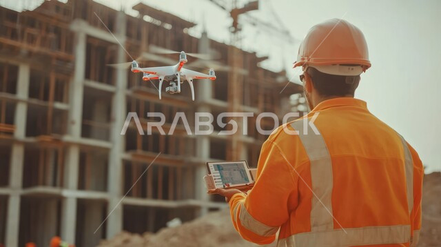 التقدم التقني والتكنولوجي لأدوات التصوير، تقنيات وأجهزة تصوير رقمية حديثة، صورة من الخلف لمهندس عربي خليجي سعودي يرتدي اليونيفورم وخوذة الحماية يقوم بالإشراف على عمل الطائرة بدون طيار عبر التابلت، استخدام طائرات الدرون الصغيرة لمسح المناطق الجغرافية الواسعة