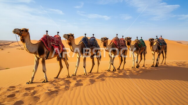 تربية الجمال والناقات العربية في المحميات الطبيعية في البادية، المناظر الطبيعية والرمال الذهبية الناعمة في المملكة العربية السعودية، الحياة البدوية الشعبية القديمة, التنقل و الترحال في القدم، قافلة من الابل تسير فوق الكثبان الرملية في طريق السفر الصحراوي 