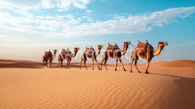 تربية الجمال والناقات العربية في المحميات الطبيعية في البادية، المناظر الطبيعية والرمال الذهبية الناعمة في المملكة العربية السعودية، الحياة البدوية الشعبية القديمة, التنقل و الترحال في القدم، قافلة من الابل تسير فوق الكثبان الرملية في طريق السفر الصحراوي 