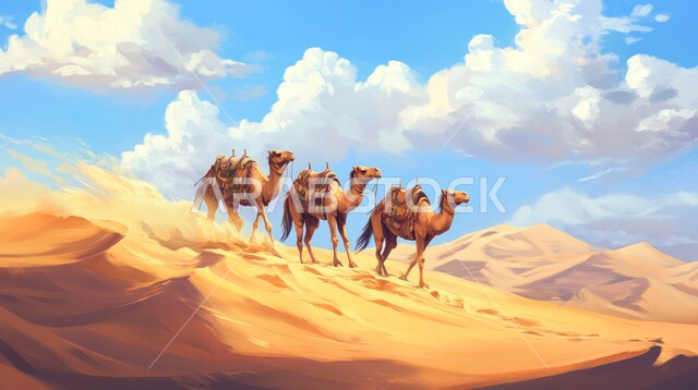 تربية الجمال والناقات العربية في المحميات الطبيعية في البادية، المناظر الطبيعية والرمال الذهبية الناعمة في المملكة العربية السعودية، الحياة البدوية الشعبية القديمة, التنقل و الترحال في القدم، قافلة من الابل تسير فوق الكثبان الرملية في طريق السفر الصحراوي 