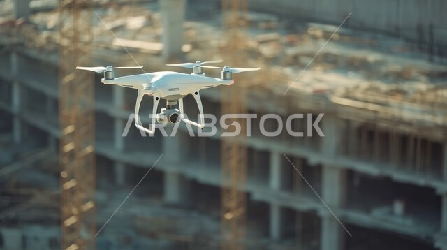 التقدم العمراني للمنشآت والمباني في المملكة العربية السعودية، طائرة درون بدون طيار تحلق في السماء فوق الأبراج وناطحات السحاب، تطور تقنيات أجهزة التصوير الحديثة ، رؤية سعودية مستقبلية 2030   