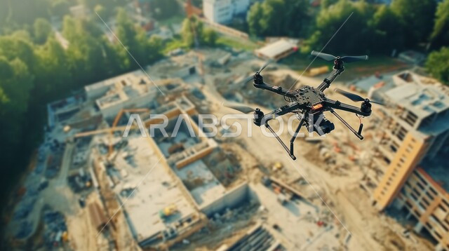 التقدم العمراني للمنشآت والمباني في المملكة العربية السعودية، طائرة درون بدون طيار تحلق في السماء فوق الأبراج وناطحات السحاب، تطور تقنيات أجهزة التصوير الحديثة ، رؤية سعودية مستقبلية 2030   