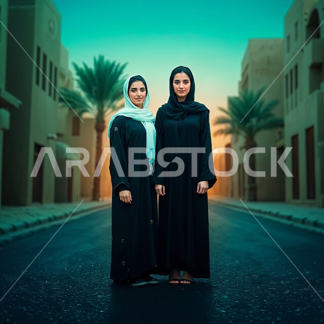 مفهوم الموضة والأناقة والاهتمام بالمظهر الخارجي، شابتان عربيتان خليجتان سعوديتان محجبتان مبتسمتان ترتديان العباءة السوداء تنظران إلى الكاميرا بإيماءات السرور والثقة بالنفس ، النعومة والشياكة والأنوثة، عباءات خليجية نسائية عصرية، قضاء أوقات ممتعة مع الأصدقاء