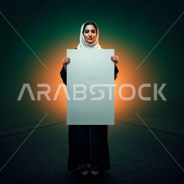 موك اب مستطيل أبيض, العروض والإعلانات التسويقية, بورتريه مقرب لإمرأة عربية خليجية سعودية مبتسمة ترتدي الحجاب تمسك بيديها لوحة بيضاء مستطيلة فارغة، النظر إلى الكاميرا بايماءات الثقة بالنفس، لوحات توضيحية ووسائل تعليمية, الجسم بالطول الكامل، خلفية ملونة