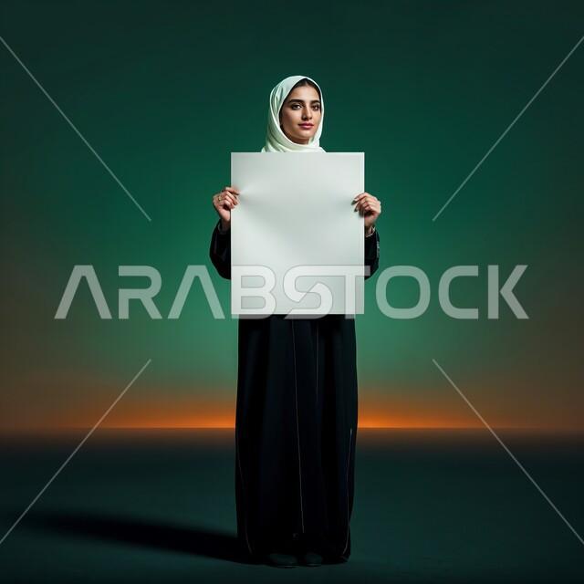 موك اب مستطيل أبيض, العروض والإعلانات التسويقية, بورتريه مقرب لإمرأة عربية خليجية سعودية مبتسمة ترتدي الحجاب تمسك بيديها لوحة بيضاء مستطيلة فارغة، النظر إلى الكاميرا بايماءات الثقة بالنفس، لوحات توضيحية ووسائل تعليمية, الجسم بالطول الكامل، خلفية ملونة