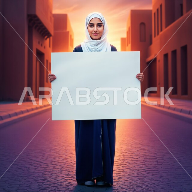 العروض والإعلانات التسويقية, موك اب مستطيل أبيض,  إمرأة عربية خليجية سعودية مبتسمة ترتدي الحجاب تمسك بيديها لوحة بيضاء مستطيلة فارغة، النظر إلى الكاميرا بايماءات الثقة بالنفس، لوحات توضيحية ووسائل تعليمية, الجسم بالطول الكامل