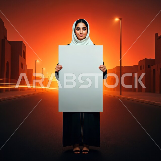 العروض والإعلانات التسويقية, موك اب مستطيل أبيض,  إمرأة عربية خليجية سعودية مبتسمة ترتدي الحجاب تمسك بيديها لوحة بيضاء مستطيلة فارغة، النظر إلى الكاميرا بايماءات الثقة بالنفس، لوحات توضيحية ووسائل تعليمية, الجسم بالطول الكامل