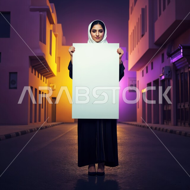 العروض والإعلانات التسويقية, موك اب مستطيل أبيض,  إمرأة عربية خليجية سعودية مبتسمة ترتدي الحجاب تمسك بيديها لوحة بيضاء مستطيلة فارغة، النظر إلى الكاميرا بايماءات الثقة بالنفس، لوحات توضيحية ووسائل تعليمية, الجسم بالطول الكامل