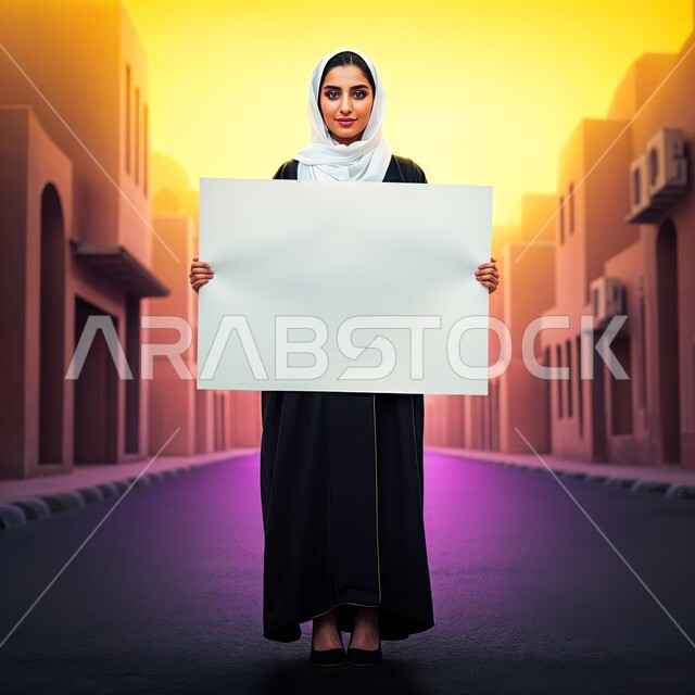 العروض والإعلانات التسويقية, موك اب مستطيل أبيض,  إمرأة عربية خليجية سعودية مبتسمة ترتدي الحجاب تمسك بيديها لوحة بيضاء مستطيلة فارغة، النظر إلى الكاميرا بايماءات الثقة بالنفس، لوحات توضيحية ووسائل تعليمية, الجسم بالطول الكامل