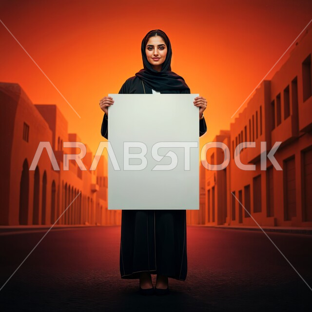 العروض والإعلانات التسويقية, موك اب مستطيل أبيض,  إمرأة عربية خليجية سعودية مبتسمة ترتدي الحجاب تمسك بيديها لوحة بيضاء مستطيلة فارغة، النظر إلى الكاميرا بايماءات الثقة بالنفس، لوحات توضيحية ووسائل تعليمية, الجسم بالطول الكامل