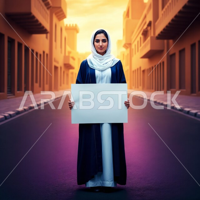 النظر إلى الكاميرا بايماءات الثقة بالنفس، العروض والإعلانات التسويقية, موك اب مستطيل أبيض, إمرأة عربية خليجية سعودية مبتسمة ترتدي الحجاب تمسك بيديها لوحة بيضاء مستطيلة فارغة، لوحات توضيحية ووسائل تعليمية, الجسم بالطول الكامل