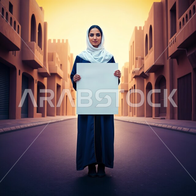 النظر إلى الكاميرا بايماءات الثقة بالنفس، العروض والإعلانات التسويقية, موك اب مستطيل أبيض, إمرأة عربية خليجية سعودية مبتسمة ترتدي الحجاب تمسك بيديها لوحة بيضاء مستطيلة فارغة، لوحات توضيحية ووسائل تعليمية, الجسم بالطول الكامل