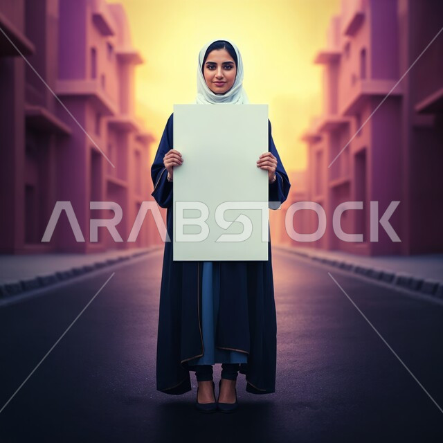 النظر إلى الكاميرا بايماءات الثقة بالنفس، العروض والإعلانات التسويقية, موك اب مستطيل أبيض, إمرأة عربية خليجية سعودية مبتسمة ترتدي الحجاب تمسك بيديها لوحة بيضاء مستطيلة فارغة، لوحات توضيحية ووسائل تعليمية, الجسم بالطول الكامل