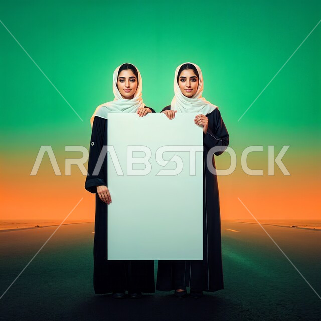  لوحات توضيحية ووسائل تعليمية, النظر إلى الكاميرا بايماءات الثقة بالنفس، العروض والإعلانات التسويقية, موك اب مستطيل أبيض, إمرأتان عربيتان خليجيتان سعوديتان ترتديان الحجاب تمسكان لوحة بيضاء مستطيلة فارغة، الجسم بالطول الكامل