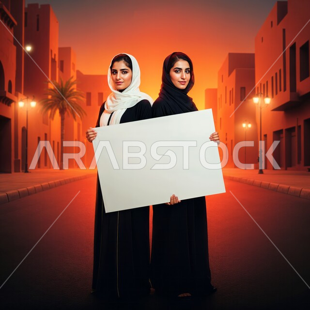  لوحات توضيحية ووسائل تعليمية, النظر إلى الكاميرا بايماءات الثقة بالنفس، العروض والإعلانات التسويقية, موك اب مستطيل أبيض, إمرأتان عربيتان خليجيتان سعوديتان ترتديان الحجاب تمسكان لوحة بيضاء مستطيلة فارغة، الجسم بالطول الكامل