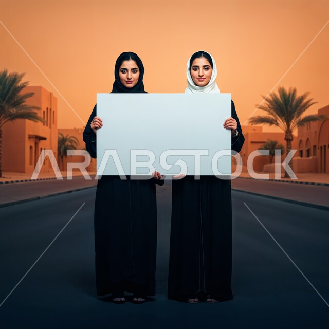  لوحات توضيحية ووسائل تعليمية, النظر إلى الكاميرا بايماءات الثقة بالنفس، العروض والإعلانات التسويقية, موك اب مستطيل أبيض, إمرأتان عربيتان خليجيتان سعوديتان ترتديان الحجاب تمسكان لوحة بيضاء مستطيلة فارغة، الجسم بالطول الكامل