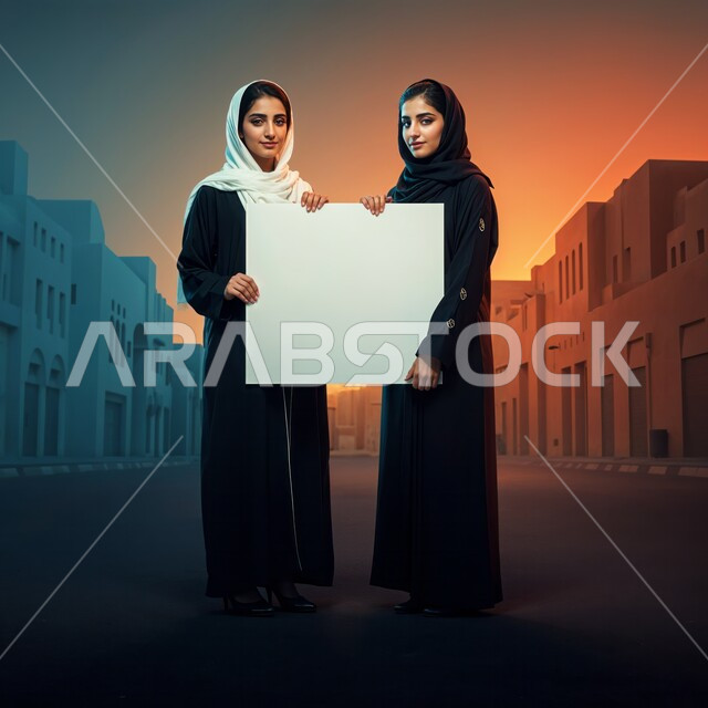  لوحات توضيحية ووسائل تعليمية, النظر إلى الكاميرا بايماءات الثقة بالنفس، العروض والإعلانات التسويقية, موك اب مستطيل أبيض, إمرأتان عربيتان خليجيتان سعوديتان ترتديان الحجاب تمسكان لوحة بيضاء مستطيلة فارغة، الجسم بالطول الكامل