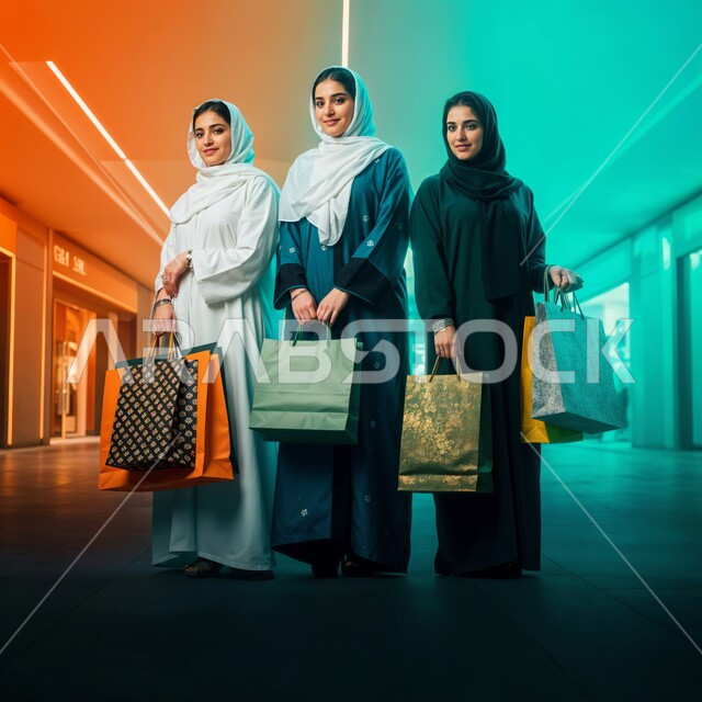 Choosing supplies and gifts with friends, young Saudi Arabian Gulf women carrying colorful bags, enjoying and wandering in shopping malls in the Kingdom of Saudi Arabia, the positive impact of shopping and buying on women, taking advantage of seasonal offers and discounts