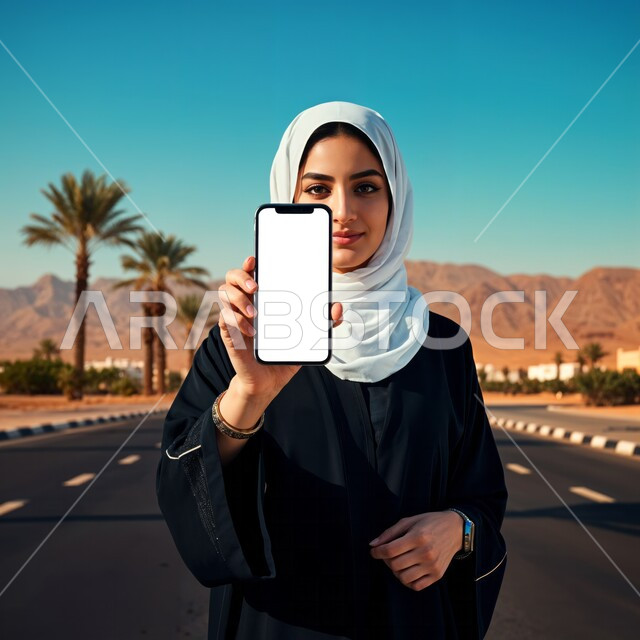موك أب على الاجهزة التقنية الحديثة، امرأة عربية خليجية سعودية محجبة ترتدي عباءة ملونة تحمل بيدها جهاز الجوال بشاشة بيضاء فارغه، عرض تطبيقات وخدمات الهاتف المحمول، النظر الى الكاميرا بايماءات الثقة بالنفس