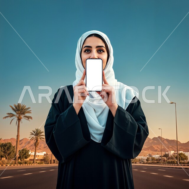 موك أب على الاجهزة التقنية الحديثة، امرأة عربية خليجية سعودية محجبة ترتدي عباءة ملونة تحمل بيدها جهاز الجوال بشاشة بيضاء فارغه، عرض تطبيقات وخدمات الهاتف المحمول، النظر الى الكاميرا بايماءات الثقة بالنفس